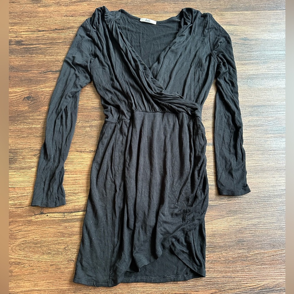 Black Ruched Long Sleeve Wrap Dress